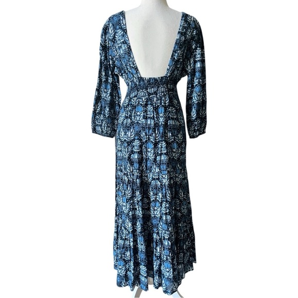 CAROLINE CONSTAS Blue Printed Size Medium Cotton Boho Midi Low V Neck Dress - Picture 6 of 12